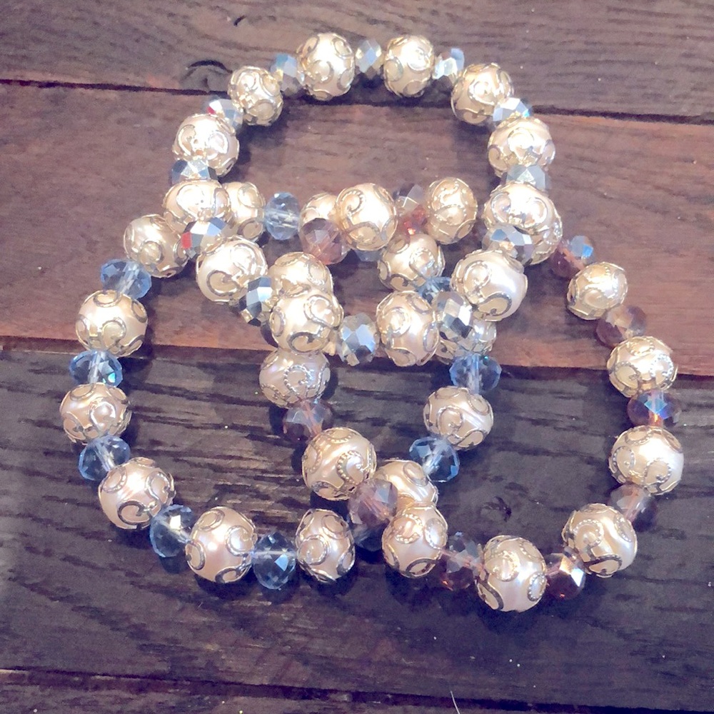 3 Freshwater Pearl Bracelets Purple, Silver & Blue
